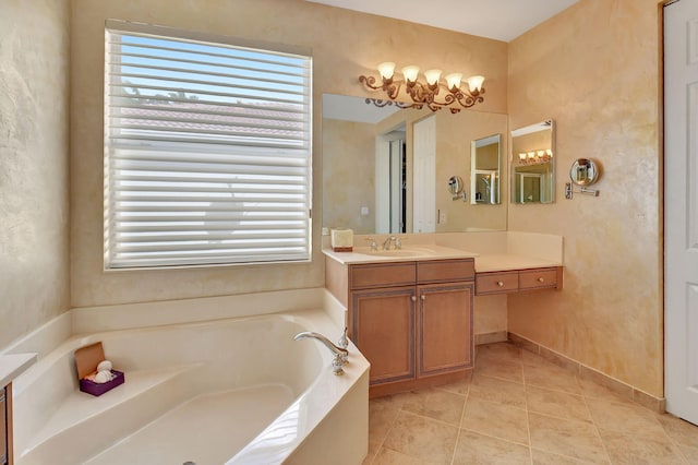 bathroom with vanity, a tub, and tile patterned flooring