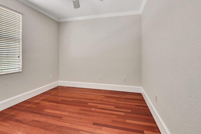 unfurnished room with ceiling fan, ornamental molding, and hardwood / wood-style floors