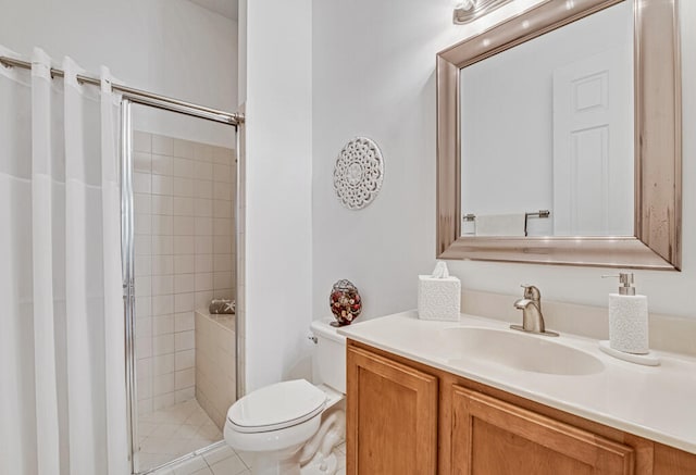 bathroom featuring a shower with shower curtain, vanity, toilet, and tile patterned flooring