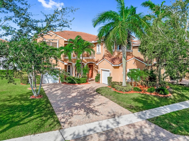 mediterranean / spanish-style house featuring a garage and a front yard