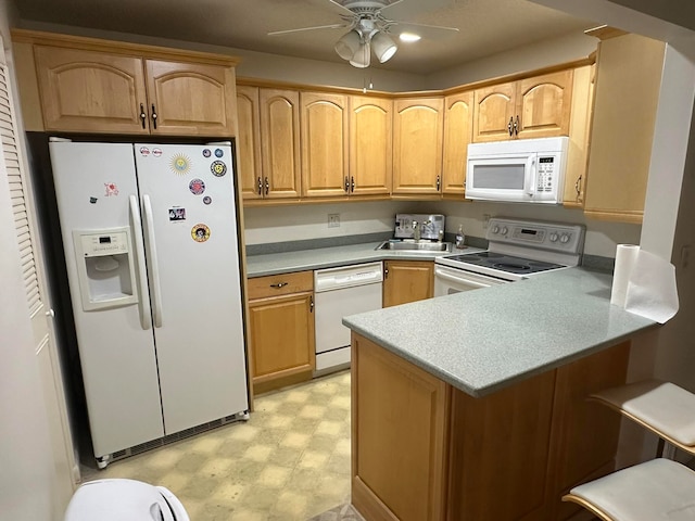 kitchen featuring kitchen peninsula, white appliances, ceiling fan, sink, and light brown cabinets