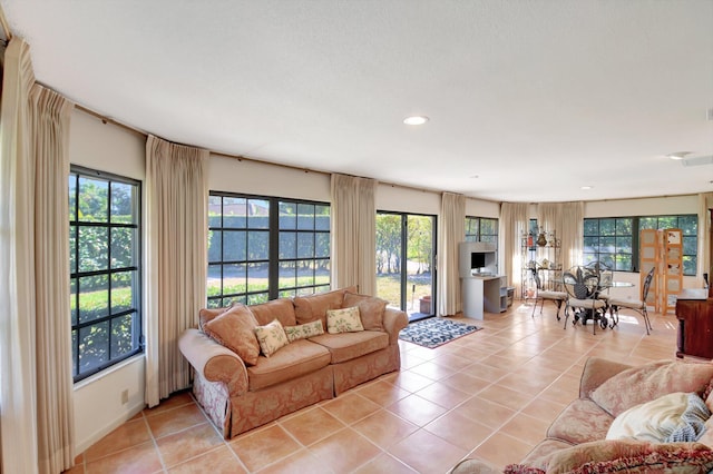 tiled living room featuring a wealth of natural light