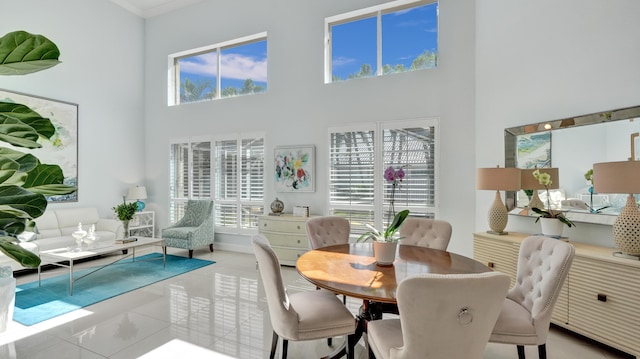 dining room with plenty of natural light and a towering ceiling