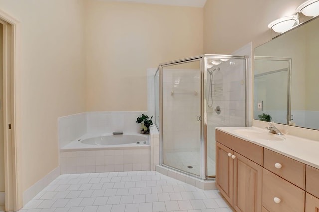 bathroom with vanity, separate shower and tub, and tile patterned flooring