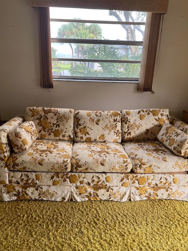 living room featuring a textured ceiling and carpet flooring