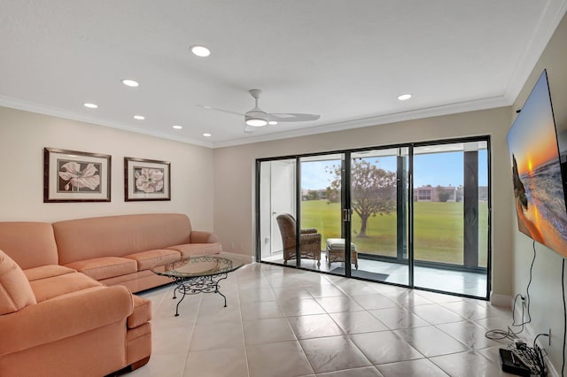 living room with ceiling fan, light tile patterned flooring, and ornamental molding