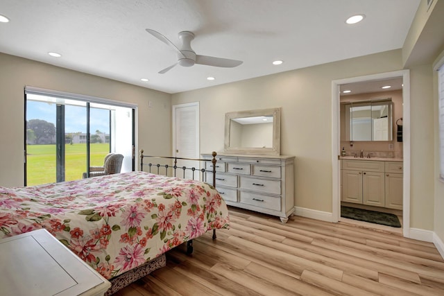 bedroom featuring access to outside, ceiling fan, sink, light hardwood / wood-style flooring, and connected bathroom