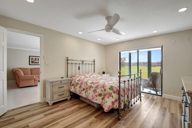 bedroom with access to exterior, ceiling fan, light hardwood / wood-style floors, and ornamental molding