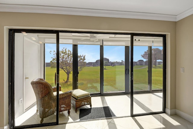 doorway to outside featuring plenty of natural light, light tile patterned flooring, and crown molding