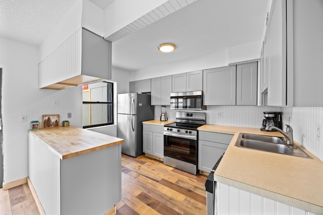 kitchen with light wood finished floors, a peninsula, stainless steel appliances, gray cabinetry, and a sink