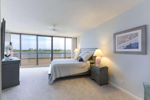 carpeted bedroom featuring expansive windows, a textured ceiling, and access to exterior