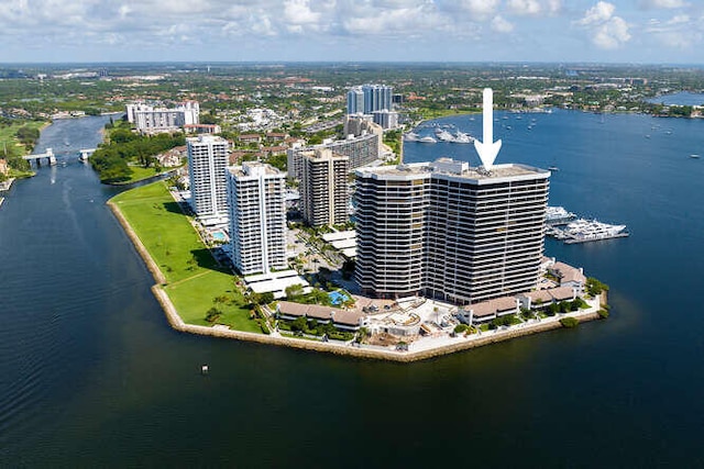 drone / aerial view with a water view