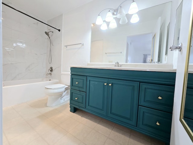 full bathroom with vanity, tiled shower / bath combo, and toilet