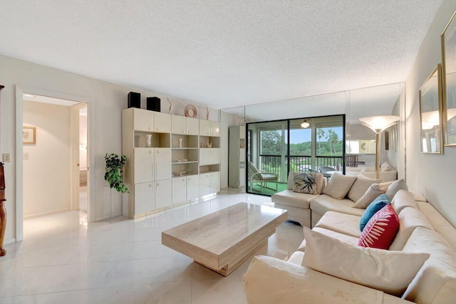 living room featuring a textured ceiling