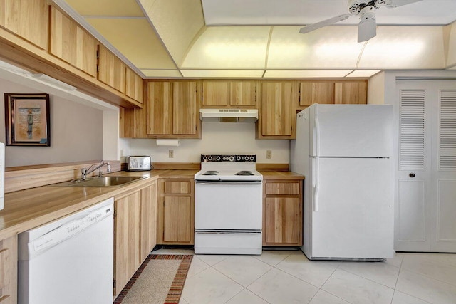 kitchen with ceiling fan, white appliances, sink, and light tile patterned floors