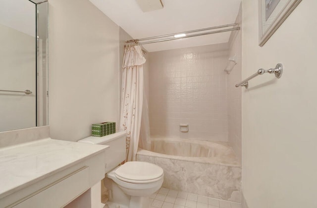 full bathroom with toilet, vanity, tile patterned floors, and shower / bathtub combination with curtain