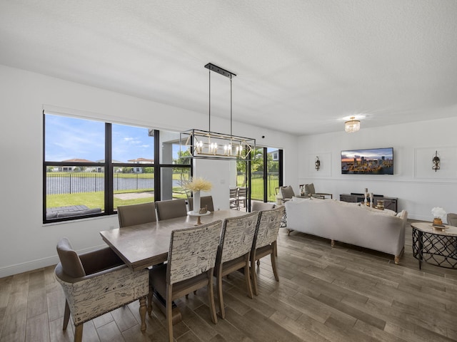 dining room with a textured ceiling, a wealth of natural light, and dark hardwood / wood-style flooring