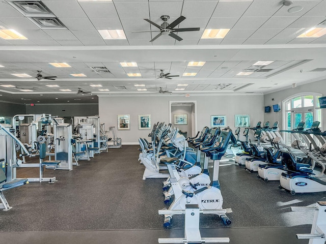 workout area with a drop ceiling and ceiling fan