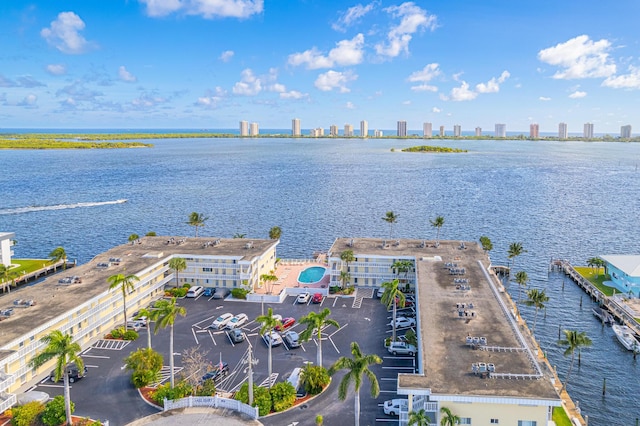 drone / aerial view with a water view