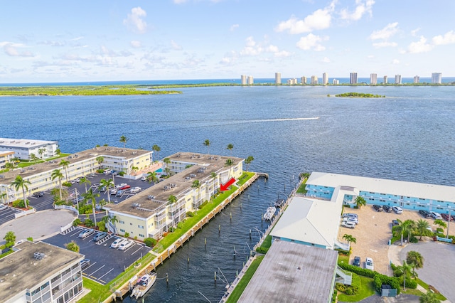 bird's eye view with a water view