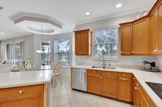 kitchen featuring hanging light fixtures, sink, crown molding, an inviting chandelier, and stainless steel dishwasher