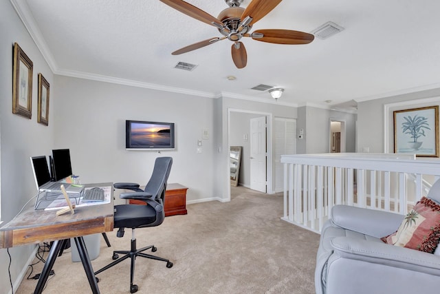 office with ceiling fan, ornamental molding, and light colored carpet