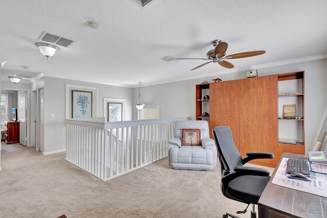 8951 Alexandra Cir, Wellington, FL 33414 - office space featuring ceiling fan, light carpet, crown molding, a textured ceiling, and baseboards