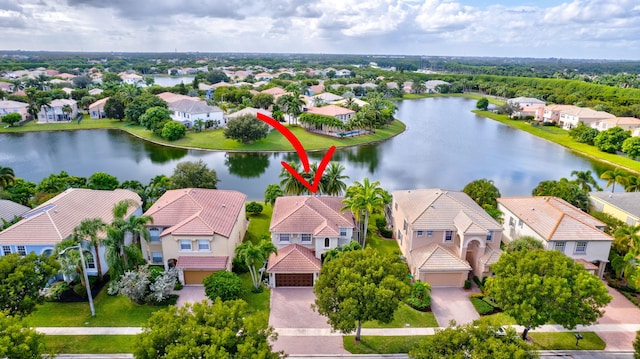 aerial view featuring a water view