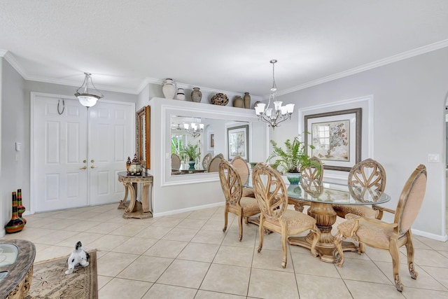 dining room featuring crown molding, a notable chandelier, and light tile patterned flooring