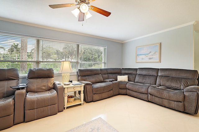 living room featuring ceiling fan, tile patterned flooring, and ornamental molding