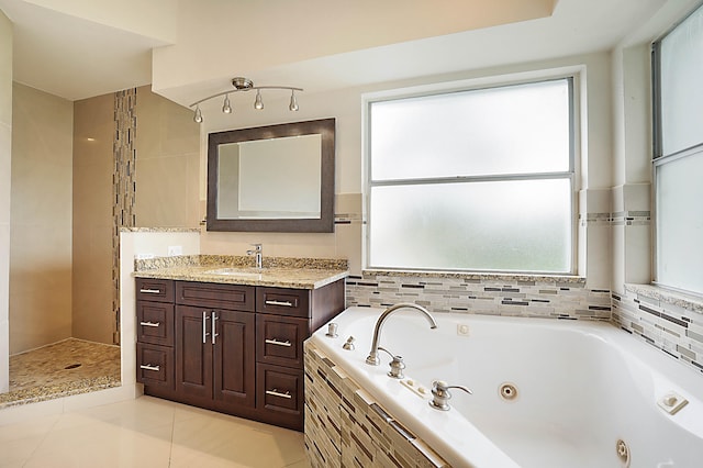 bathroom featuring vanity, tile patterned flooring, a healthy amount of sunlight, and plus walk in shower