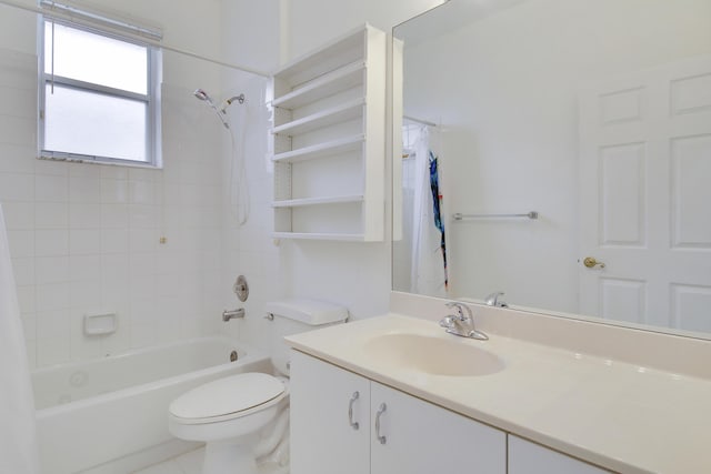 full bathroom featuring shower / bath combination with curtain, vanity, and toilet