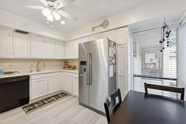 kitchen with dishwasher, light hardwood / wood-style flooring, sink, high quality fridge, and white cabinetry