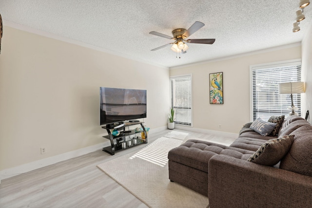 living room with light hardwood / wood-style floors, a healthy amount of sunlight, a textured ceiling, and ceiling fan