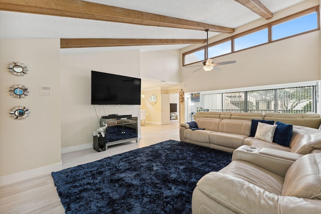 living room featuring a textured ceiling, light hardwood / wood-style floors, ceiling fan, beam ceiling, and high vaulted ceiling