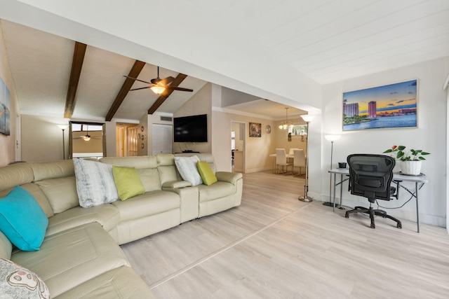 living room with vaulted ceiling with beams, wood-type flooring, and ceiling fan with notable chandelier