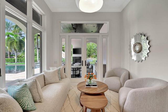 living room featuring ornamental molding