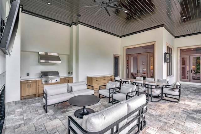 view of patio featuring ceiling fan, grilling area, area for grilling, french doors, and outdoor lounge area