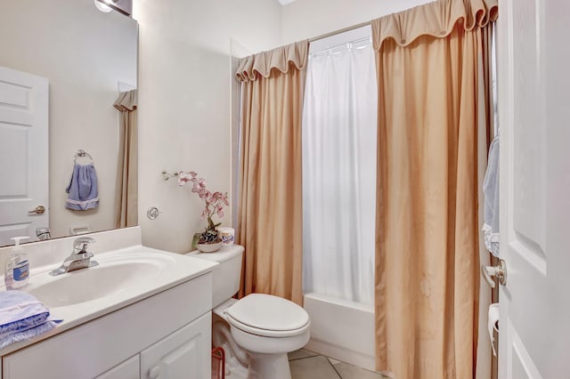 full bathroom with vanity, shower / bath combo, toilet, and tile patterned floors