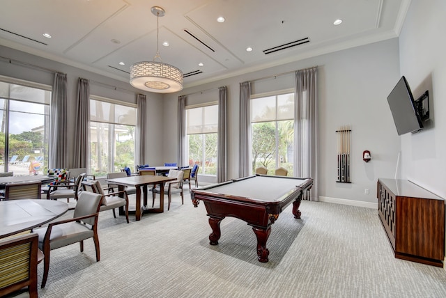 game room with ornamental molding, billiards, plenty of natural light, and light colored carpet