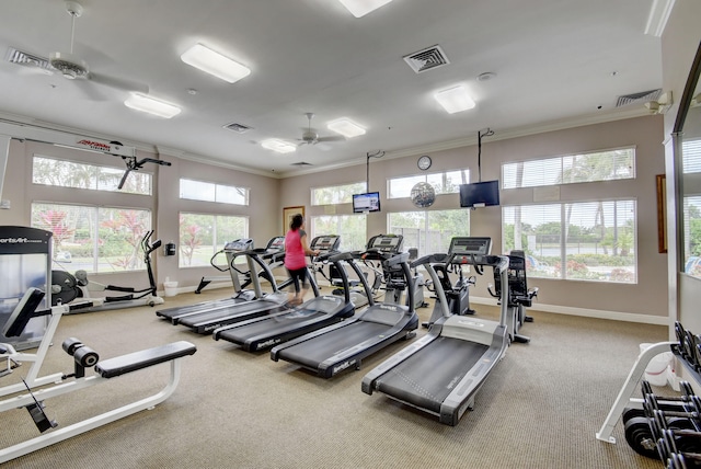 gym featuring ornamental molding, plenty of natural light, and ceiling fan