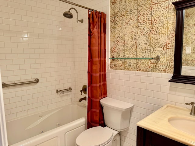 full bathroom featuring vanity, toilet, shower / bathtub combination with curtain, and tile walls