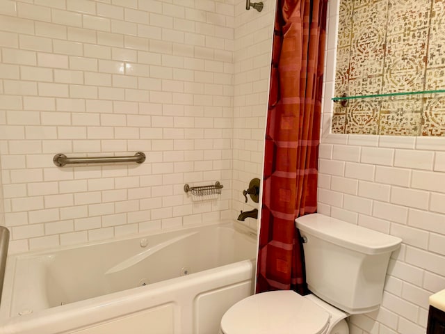 bathroom featuring shower / bath combination with curtain, toilet, and tile walls