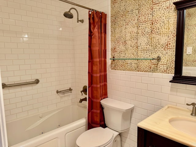 full bathroom with shower / tub combo with curtain, tile walls, vanity, and toilet