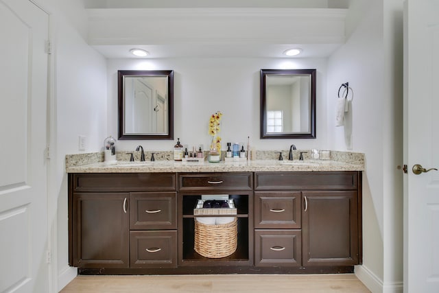 bathroom with vanity and hardwood / wood-style flooring