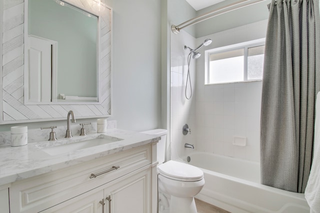 full bathroom with toilet, shower / bath combo with shower curtain, and vanity