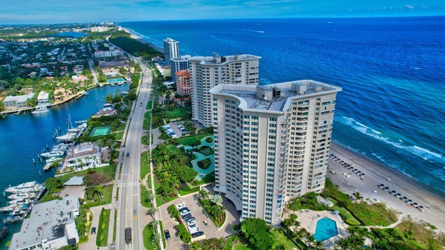 aerial view with a view of city and a water view