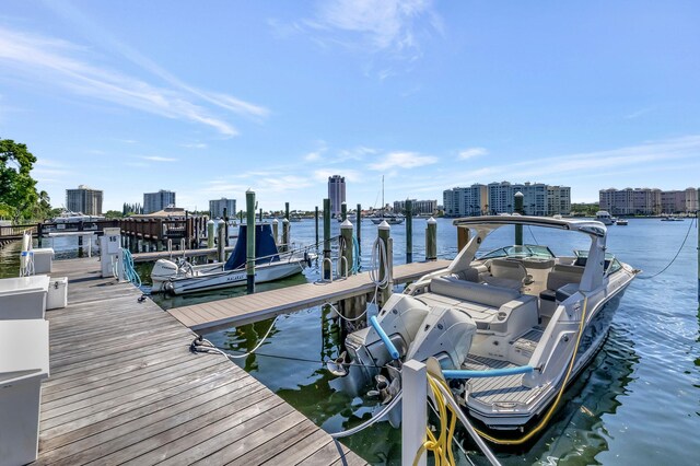 dock area with a water view and a city view