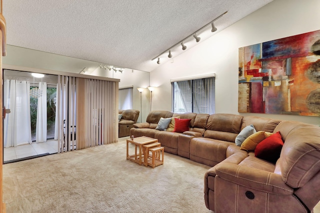 carpeted living room with a wealth of natural light, lofted ceiling, a textured ceiling, and track lighting