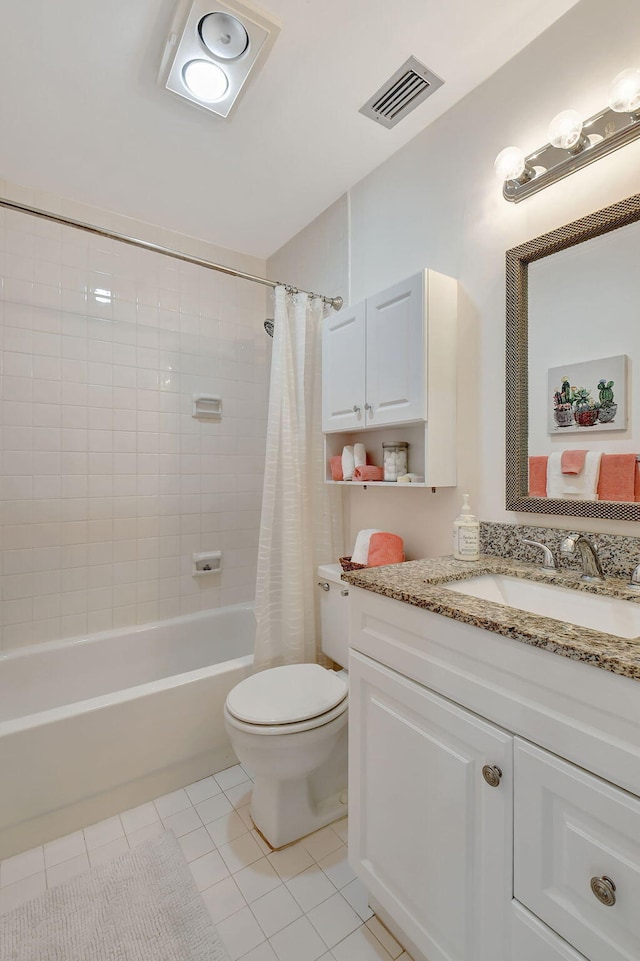 full bathroom featuring toilet, vanity, tile patterned floors, and shower / bathtub combination with curtain